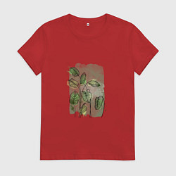 Футболка хлопковая женская Нежные листья на акварельном фоне, цвет: красный