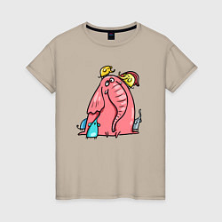 Футболка хлопковая женская Розовая слоника со слонятами, цвет: миндальный