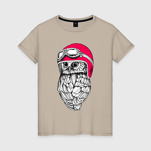 Женская футболка Совёнок - гонщик в мотоциклетном шлеме / Миндальный – фото 1