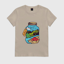 Футболка хлопковая женская Летние дни на реке, цвет: миндальный