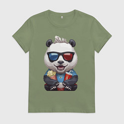 Футболка хлопковая женская Прикольный панда с попкорном и колой, цвет: авокадо