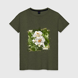 Женская футболка Нежные белые цветы на зелёном акварельном фоне