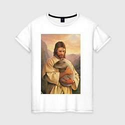 Футболка хлопковая женская Иисус и капибара, цвет: белый