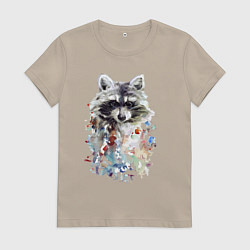 Футболка хлопковая женская Мордочка енота - акварель, цвет: миндальный
