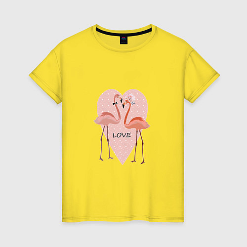 Женская футболка Розовые фламинго на фоне розового сердца / Желтый – фото 1