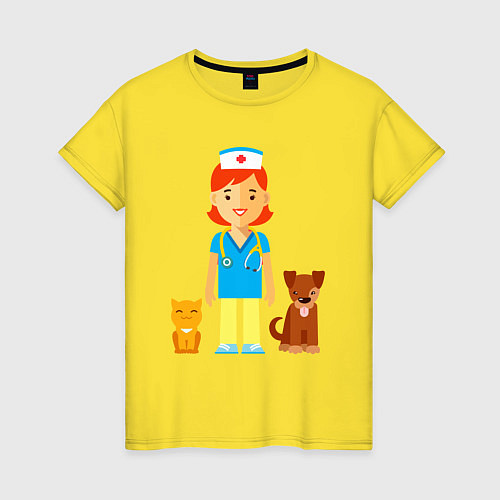 Женская футболка Ветеринар заботится о животных - пёсик и котик / Желтый – фото 1