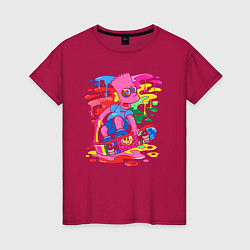 Футболка хлопковая женская Барт Симпсон - крутой скейтер - разноцветные клякс, цвет: маджента