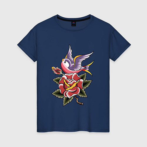 Женская футболка Птица с розой / Тёмно-синий – фото 1
