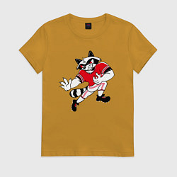 Футболка хлопковая женская Енот американский футболист, цвет: горчичный