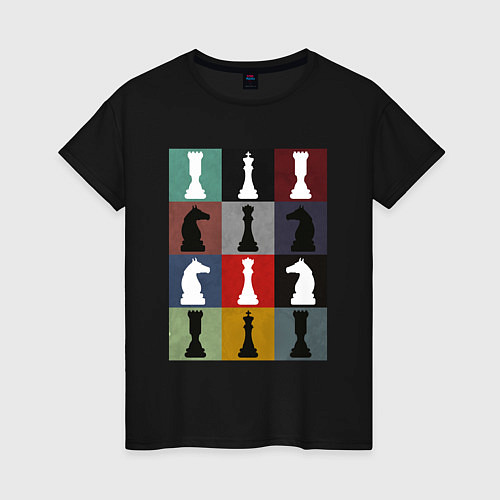 Женская футболка Шахматные фигуры на цветном фоне / Черный – фото 1