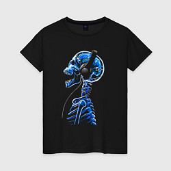 Футболка хлопковая женская Скелет в наушниках - меломан, цвет: черный