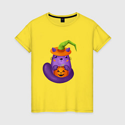 Футболка хлопковая женская Смешной кот в ведьмовской шляпе с тыквой Джек, Хэл, цвет: желтый