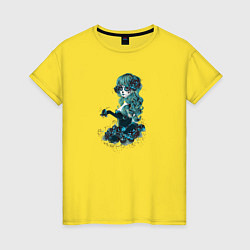 Футболка хлопковая женская Девушка в образе санта муэрте и синие розы, цвет: желтый