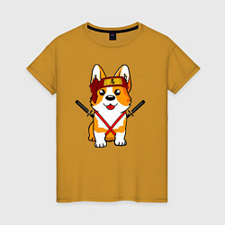 Футболка хлопковая женская Корги - самурай, цвет: горчичный