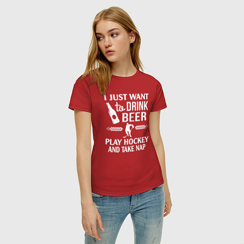 Женская футболка Я просто хочу пить пиво играть в хоккей и вздремну / Красный – фото 3