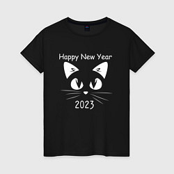 Футболка хлопковая женская С новым 2023 годом котик, цвет: черный