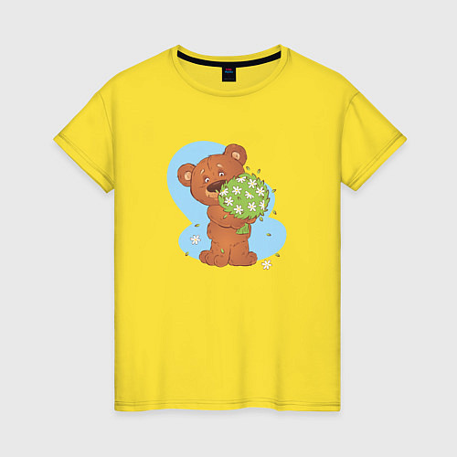 Женская футболка Мишка с букетом ромашек / Желтый – фото 1