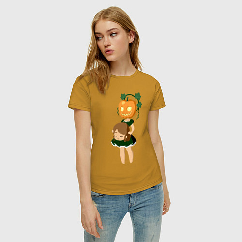 Женская футболка Девочка с головой тыквы / Горчичный – фото 3