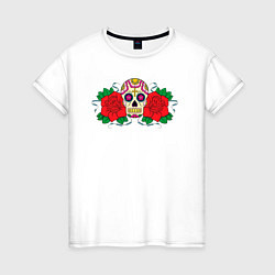 Футболка хлопковая женская Мексиканский череп и розы, цвет: белый