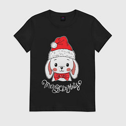 Футболка хлопковая женская Merry Christmas, little rabbit, цвет: черный