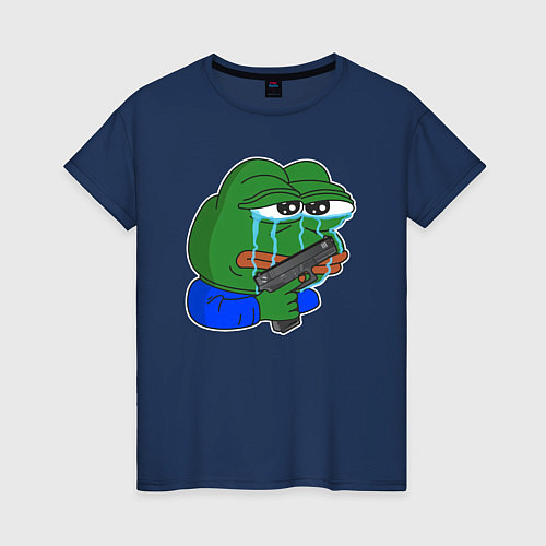 Женская футболка Лягушонок Пепе в слезах с пистолетом / Тёмно-синий – фото 1
