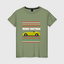 Футболка хлопковая женская Merry Driftmas Nissan Silvia S15 Ugly Sweater, цвет: авокадо