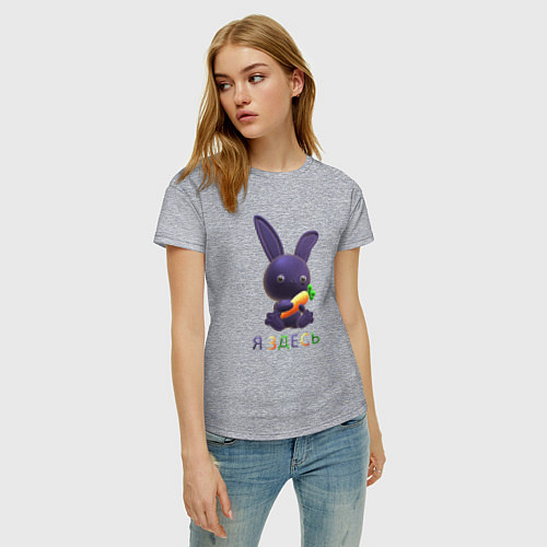 Женская футболка Синий кролик с морковкой: я здесь / Меланж – фото 3