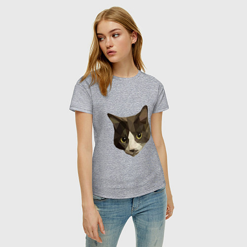 Женская футболка Полигональный котейка голова / Меланж – фото 3