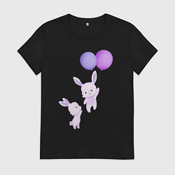 Футболка хлопковая женская Милые крольчата с воздушными шарами, цвет: черный