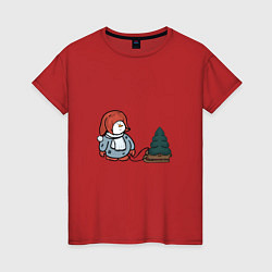 Футболка хлопковая женская Снеговик с елкой, цвет: красный