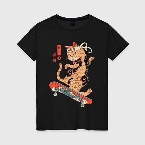 Женская футболка Кот самурай скейтбордист / Черный – фото 1