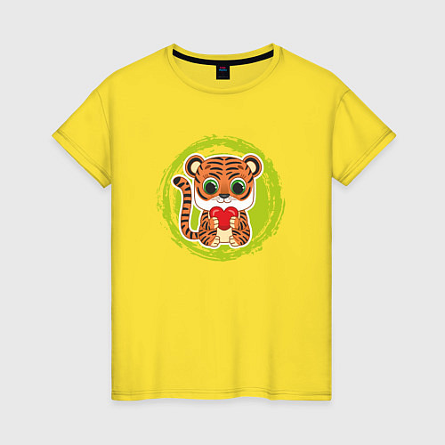 Женская футболка Мультяшный тигрёнок с сердцем / Желтый – фото 1