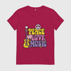 Футболка хлопковая женская Мир любовь и музыка, цвет: маджента
