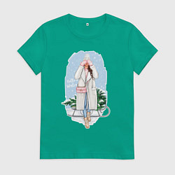 Футболка хлопковая женская Девушка с ёлкой, цвет: зеленый