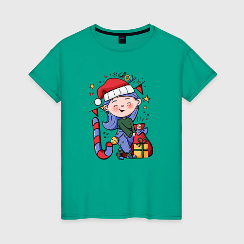 Женская футболка Девочка с подарками на Новый год / Зеленый – фото 1