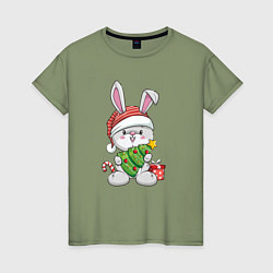 Футболка хлопковая женская Новогодний кролик с елочкой, цвет: авокадо