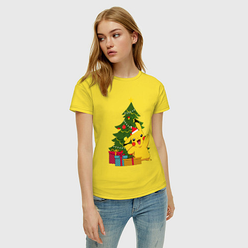 Женская футболка Новогодний Пикачу и елка / Желтый – фото 3