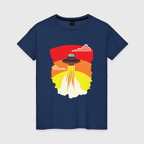 Женская футболка Ретро летающий корабль НЛО / Тёмно-синий – фото 1