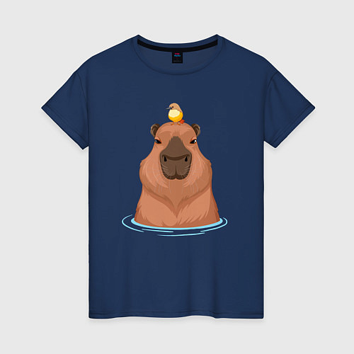 Женская футболка Капибара и птичка / Тёмно-синий – фото 1