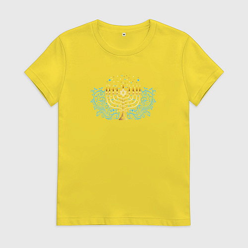 Женская футболка Золотая менора с синим цветочным узором / Желтый – фото 1