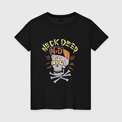 Футболка хлопковая женская Neck Deep band панк рок - череп в кепке, цвет: черный