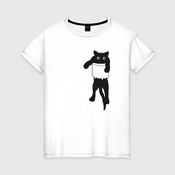 Футболка хлопковая женская Черный котик в кармане, цвет: белый