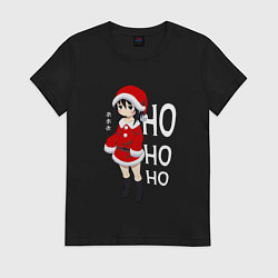 Футболка хлопковая женская Девочка в костюме санты, цвет: черный