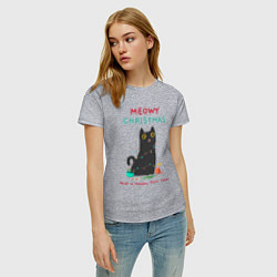Футболка хлопковая женская Meowy Christmas and a happy purr year, цвет: меланж — фото 2