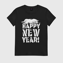 Футболка хлопковая женская Happy new year - кошечка, цвет: черный