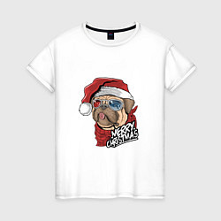 Футболка хлопковая женская Pug merry christmas, цвет: белый