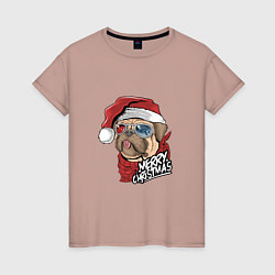 Футболка хлопковая женская Pug merry christmas, цвет: пыльно-розовый