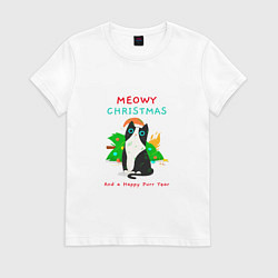 Футболка хлопковая женская Meowy christmas and a happy purr year holiday, цвет: белый