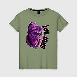 Футболка хлопковая женская Злая обезьяна - shut up, цвет: авокадо