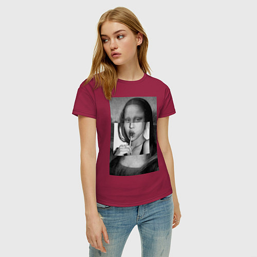 Женская футболка Мона Лиза с чупа чупсом - чёрно белая / Маджента – фото 3